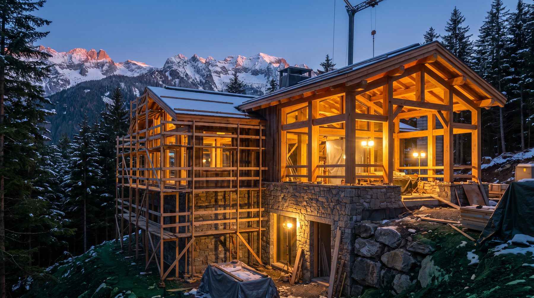 Modern mountain resort residence under construction at dusk with snow-capped peaks behind