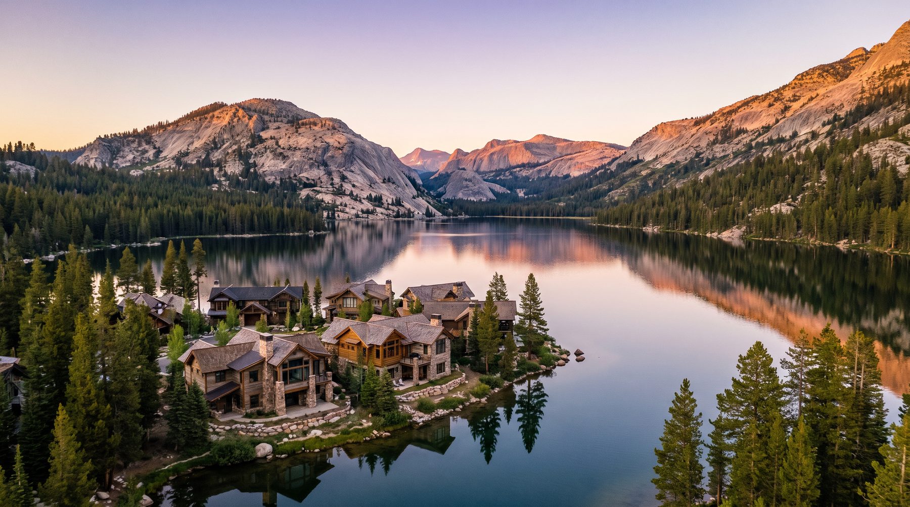 Aerial view of modern mountain homes on a pine-ringed alpine lake at sunset