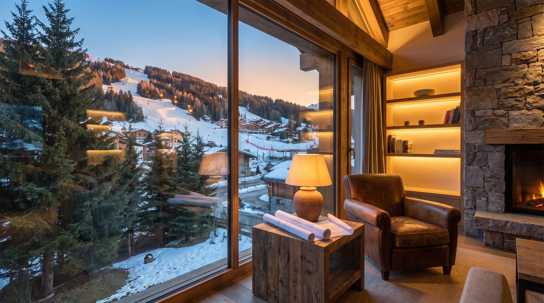 Mountain lodge interior overlooking a resort valley at golden hour with architectural plans on a table