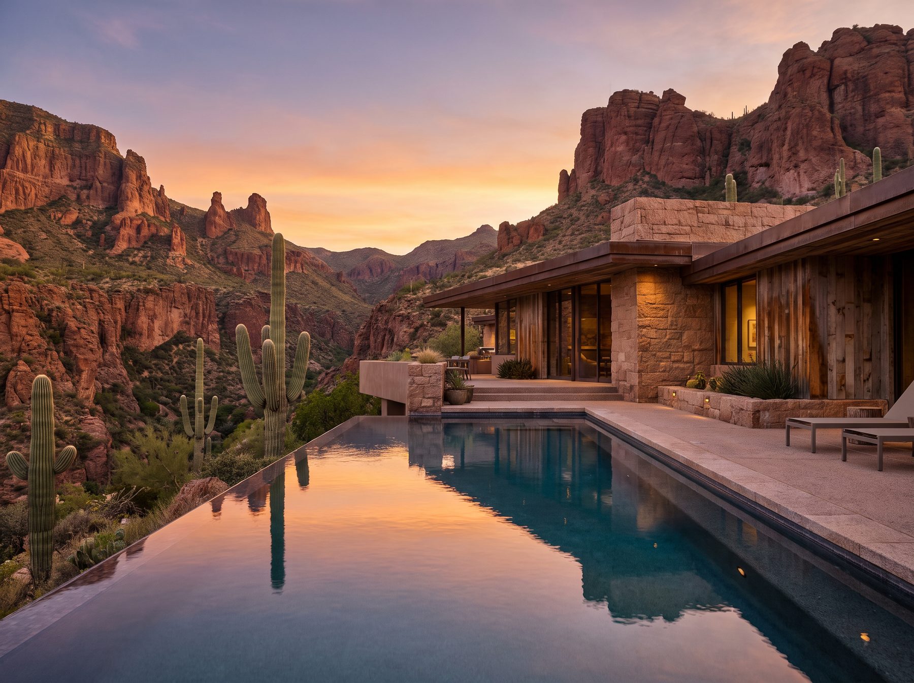 Desert Southwest resort villa with red rock buttes at sunset