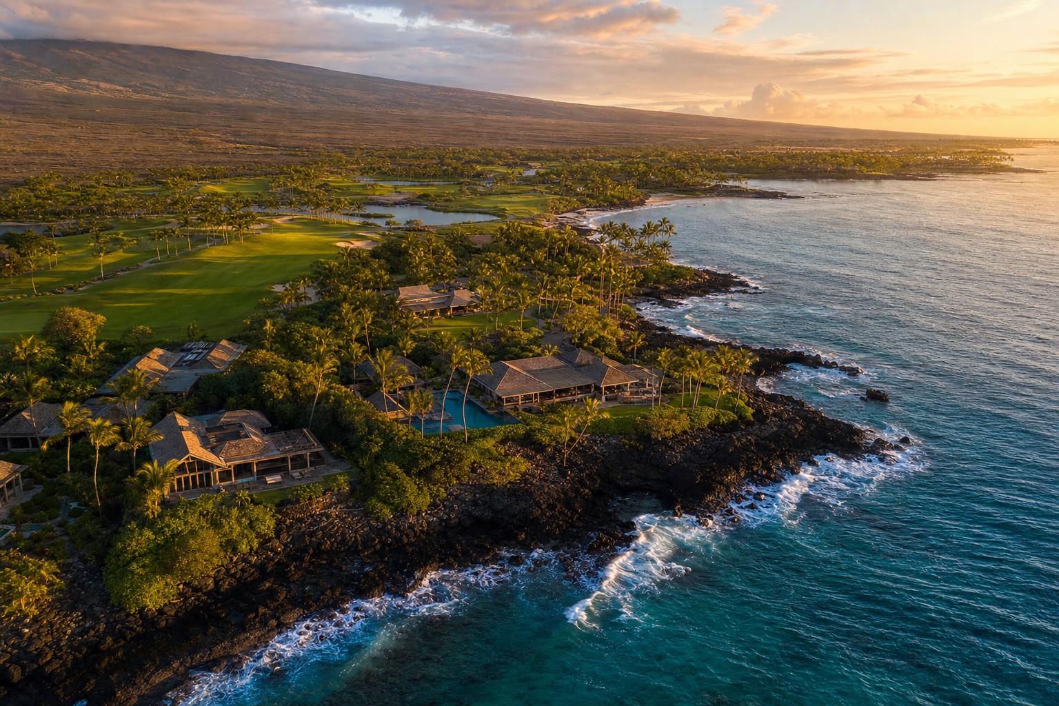 Hawaii resort coastline with an oceanfront villa above volcanic sea cliffs
